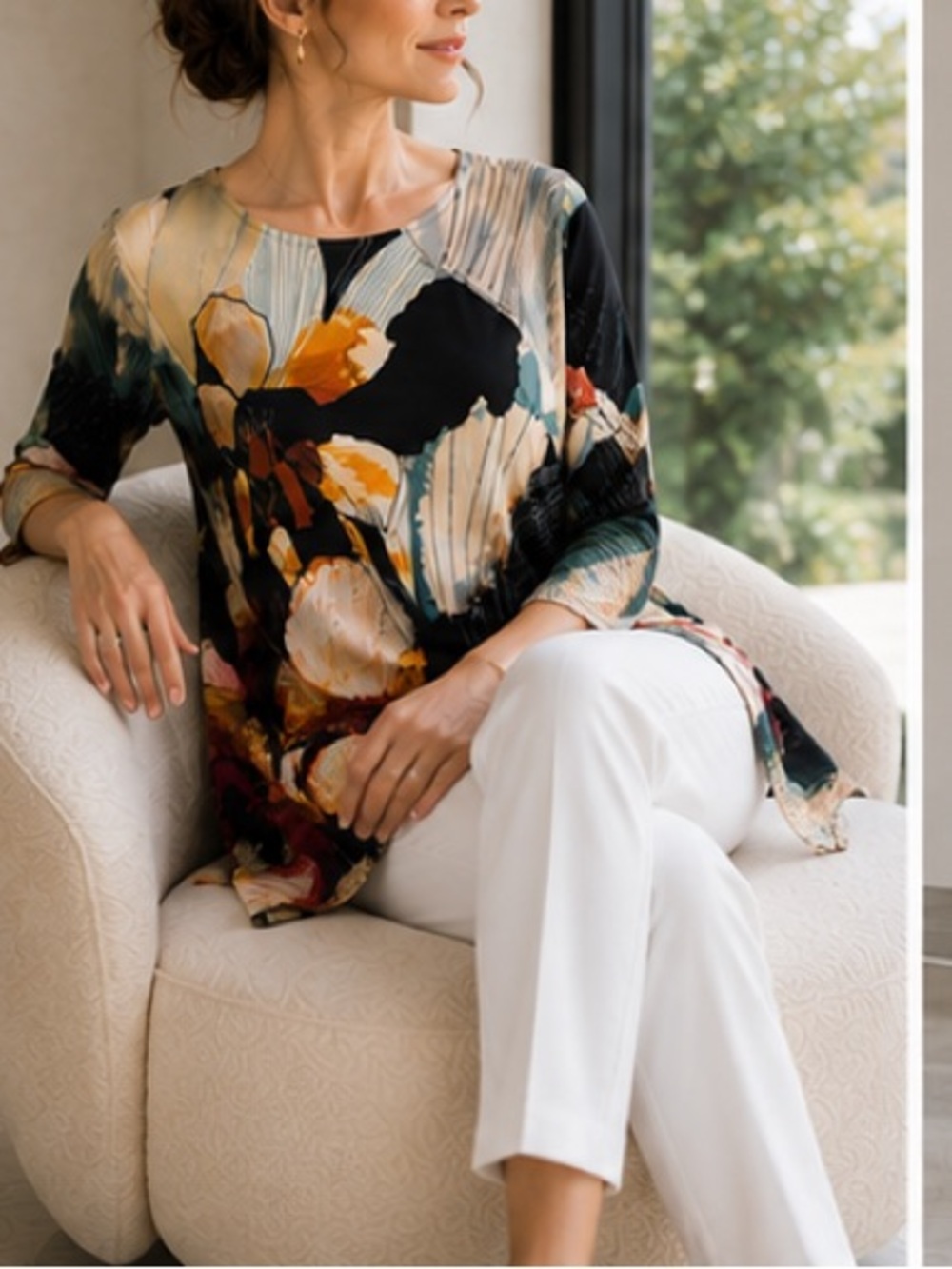 Caroline Rose Abstract Floral Art Print Luxury Swing Tunic Top  $285. Size MP